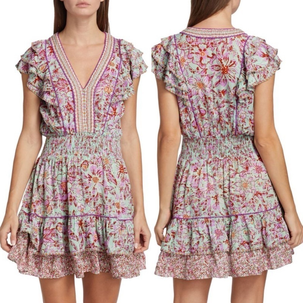 Poupette St. Barth Camila Ruffled Mini Dress Floral Smocked Waist Large Luxury